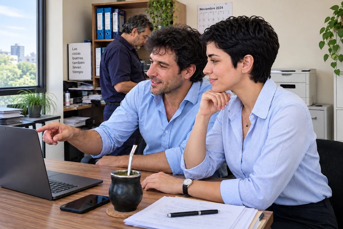Fernando y Araceli, personajes de Xpertise, trabajando juntos.
